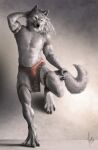  2016 anthro armband black_claws black_nose blue_eyes bottomwear canid canine canis claws clothed clothing dated finger_claws fluffy fluffy_tail front_view full-length_portrait fur grey_body grey_fur grey_hair grey_tail hair hand_behind_head hi_res holding_tail khyaber legband loincloth looking_at_viewer male mammal mouth_closed portrait signature simple_background solo toe_claws topless wolf 