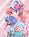  1girl bangs blonde_hair blooper_(mario) blue_eyes blue_gemstone blush boo_(mario) breasts closed_mouth commentary_request earrings fire_flower floral_print gem haisen hand_fan hands_up happy head_tilt highres jewelry light_blush lips long_hair long_sleeves looking_at_viewer mario_(series) mario_kart_tour mask mask_on_head nose_blush obi official_alternate_costume paper_fan partial_commentary pink_background pointing pointing_at_viewer ponytail princess_peach sash sidelocks simple_background small_breasts smile solo striped striped_background uchiwa upper_body wide_sleeves 