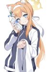  1girl animal_ears blue_archive blue_eyes bottle cat_ears deca_purio flower gym_uniform hair_ribbon hairband halo highres long_hair looking_at_viewer mari_(blue_archive) mari_(gym_uniform)_(blue_archive) orange_hair ponytail ribbon towel water_bottle white_background 