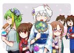  6+girls alina_gray amane_tsukasa amane_tsukuyo aqua_eyes azusa_mifuyu bangs blunt_ends blush braid breasts brown_eyes brown_hair character_mask floral_print food fox_mask green_hair grey_hair hair_between_eyes hair_ornament hair_rings hand_fan hiiragi_nemu holding japanese_clothes kimono long_hair long_sleeves magia_record:_mahou_shoujo_madoka_magica_gaiden mahou_shoujo_madoka_magica mask multicolored_hair multiple_girls obi old_dorothy open_mouth parted_bangs purple_eyes sash satomi_touka shaved_ice short_hair sidelocks silverxp smile straight_hair streaked_hair twin_braids very_long_hair yukata 