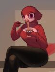  absurd_res anthro avian beak bird blossom_(chickhawk96) bodily_fluids chickhawk96 chopsticks clothing cup_noodles eating feathers female food hi_res holding_food holding_object leggings legwear looking_at_viewer noodles red_body red_eyes red_feathers simple_background sitting solo steam sweat sweatdrop sweater topwear white_body 