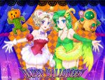  2girls aged_up blonde_hair blue_eyes breasts cape cleavage closed_mouth detached_sleeves dissidia_final_fantasy dress earrings final_fantasy final_fantasy_iv final_fantasy_vi gloves green_hair hair_ornament halloween happy_halloween highres inaba_tomoe jewelry long_hair looking_at_viewer multiple_girls open_mouth ponytail rydia_(ff4) sabotender smile thighhighs tina_branford tonberry 