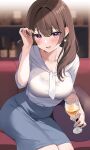  1girl alcohol bangs blush breasts brown_hair collarbone commentary_request cup drink earrings grey_nails grey_skirt hand_up highres holding holding_drink jewelry large_breasts medium_hair monoto nail_polish office_lady original parted_lips pillow purple_eyes shirt shirt_tucked_in sitting skirt smile white_shirt 