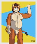  anthro body_hair bovid bovine cattle chest_hair chubby_male darkyapper ear_piercing genitals hi_res humanoid_genitalia humanoid_penis male male/male mammal muscular nipples penis piercing simple_background smile solo 