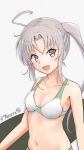  1girl ahoge akitsushima_(kancolle) bikini breasts grey_eyes grey_hair highres kantai_collection long_hair looking_at_viewer mesera one-hour_drawing_challenge side_ponytail sidelocks simple_background small_breasts solo swimsuit twitter_username upper_body white_background white_bikini 