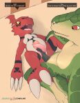  2022 absurd_res anthro bandai_namco dialogue digimon digimon_(species) digital_media_(artwork) duo english_text genitals guilmon hi_res lizardlars lying male male/male on_back open_mouth penis red_eyes scalie text tongue yellow_eyes 