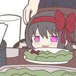  1girl akemi_homura black_hair blush bow cup drinking_glass hair_bow hairband long_hair looking_away lowres mahou_shoujo_madoka_magica meme open_mouth pink_eyes plate red_bow red_hairband smile smug table woman_yelling_at_cat_(meme) yuno385 