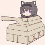  1girl :&lt; akemi_homura animal_ears black_hair black_hairband blush cat_ears cat_girl chibi closed_mouth film_grain ground_vehicle hairband long_hair looking_at_viewer mahou_shoujo_madoka_magica military military_vehicle motor_vehicle purple_eyes solo tank yuno385 