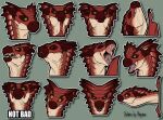  ambiguous_gender angry dragon fangs frill_(anatomy) glistening glistening_eyes green_eyes head_crest head_frill horn khyaber looking_at_viewer mouth_closed multiple_images narrowed_eyes open_mouth pupils red_body red_horn scalie sharp_teeth simple_background slit_pupils solo striped_neck tan_body teeth telegram_sticker yawn 