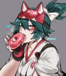 1girl absurdres animal_ears bangs black_gloves blush brown_eyes doughnut eating facial_mark fingerless_gloves food forehead_protector fox_ears gloves green_hair grey_background hair_between_eyes heart heart-shaped_pupils heavy_breathing highres holding holding_food japanese_clothes kimono kiriko_(overwatch) kurenaiz1 looking_at_viewer overwatch overwatch_2 ponytail saliva sexually_suggestive simple_background solo sprinkles sweat symbol-shaped_pupils tongue tongue_out upper_body white_kimono 