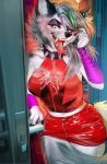  absurd_res anthro bodily_fluids breasts clothing collar cosplay crossover crossover_cosplay cum cum_in_mouth cum_inside cum_on_breasts cum_on_face cumshot ejaculation exposed_breasts female fingers five_nights_at_freddy&#039;s five_nights_at_freddy&#039;s:_security_breach genital_fluids goth hair helluva_boss hi_res latex_clothing legwear long_hair looking_at_viewer loona_(helluva_boss) machine moonabel open_mouth piercing piercings_everywhere roxanne_wolf_(fnaf) rubber rubber_clothing rubber_suit scottgames solo solo_focus spiked_collar spikes tongue tongue_out video_games 
