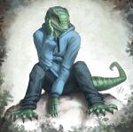  anthro blue_bottomwear blue_clothing blue_jacket blue_pants blue_topwear bottomwear clothed clothing front_view full-length_portrait glistening glistening_eyes green_body green_scales hi_res jacket khyaber male mouth_closed pants portrait scales scalie simple_background sitting solo species_request topwear unsigned yellow_eyes 