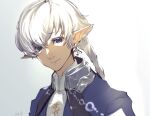  1boy alphinaud_leveilleur bangs blue_eyes blue_jacket blurry closed_mouth collared_shirt colored_eyelashes commentary_request depth_of_field earrings final_fantasy final_fantasy_xiv gradient gradient_background haisen happy highres jacket jewelry long_hair looking_at_viewer male_focus partial_commentary pointy_ears ponytail portrait shirt sidelocks simple_background single_earring sketch smile solo split_mouth white_background white_hair white_shirt 