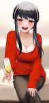  1girl :d alcohol black_hair blush breasts champagne cleavage collarbone cup dress eden_(shiroki_yuutsu) english_commentary hairband highres holding holding_cup large_breasts long_hair looking_at_viewer open_mouth outstretched_arm pantyhose red_eyes red_sweater sidelocks sitting smile solo spy_x_family sweater sweater_dress teeth upper_teeth white_hairband yor_briar 