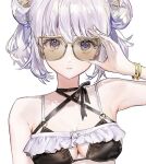  1girl armpits bangs bikini black_bikini breasts double_bun expressionless grey_hair hair_bun hand_on_eyewear hand_up highres looking_at_viewer medium_breasts original say_hana sidelocks simple_background solo sunglasses swimsuit tinted_eyewear upper_body white_background 