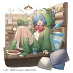  1girl :d animal_costume bed_frame blue_hair blush bow bowtie ceiling_light cirno cup detached_wings disposable_cup doughnut eating food food_on_face frog_costume full_body green_socks highres holding holding_food ice ice_wings indoors kneehighs knees_up lantern long_sleeves looking_at_viewer official_art on_bed open_mouth pillow plant plate potted_plant purple_eyes red_bow red_bowtie short_hair sitting smile socks solo toma_(norishio) touhou touhou_arcadia_record wings wooden_wall 