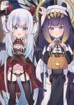  2girls :o arms_up bangs bat_wings black_garter_straps black_scrunchie black_thighhighs blue_eyes blue_hair blunt_bangs commentary cookie cp2980606 fish_tail food gawr_gura habit halloween_bucket halloween_costume highres hololive hololive_english horns light_blush long_hair looking_at_viewer mole mole_under_eye multicolored_hair multiple_girls navel ninomae_ina&#039;nis nun purple_eyes purple_hair scrunchie shark_tail sharp_teeth streaked_hair symbol-only_commentary tail teeth thighhighs two-tone_hair two_side_up very_long_hair virtual_youtuber white_hair white_thighhighs wings wrist_scrunchie 