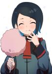  1girl :p asticassia_school_uniform blue_hair closed_eyes commentary_request cotton_candy dark_blue_hair food gundam gundam_suisei_no_majo highres holding holding_food long_sleeves nika_nanaura school_uniform short_hair simple_background smile solo tongue tongue_out upper_body white_background yashiro_ryo 
