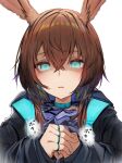  1girl absurdres amiya_(arknights) animal_ears arknights blue_choker blue_eyes brown_hair choker commentary_request cracking_knuckles hair_between_eyes highres looking_at_viewer rabbit_ears revision simple_background solo tab_head upper_body white_background 