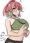  1girl :3 ahoge black_shorts bob_cut bra breasts glasses green_bra green_hair highres kantai_collection large_breasts midriff multicolored_hair one-hour_drawing_challenge pink-framed_eyewear pink_hair ponytail red_eyes short_hair shorts simple_background solo sports_bra steepled_fingers streaked_hair toriniku_senshi_chikinman ume_(kancolle) underwear upper_body white_background 