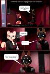  3d_(artwork) anthro blue_eyes canid canine canis comic dialogue digital_media_(artwork) dobermann domestic_dog english_text female fox hi_res inside male mammal marius_(mynka) mynka pinscher raelynn_(mynka) speech_bubble text trans_(lore) trans_woman_(lore) work_clothes work_uniform 