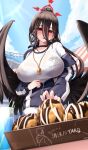 1girl absurdres bangs black_choker black_hair black_wings blue_archive blue_jacket blue_sky blush breasts choker cloud daran9 day feathered_wings food hair_between_eyes halo hasumi_(blue_archive) hasumi_(gym_uniform)_(blue_archive) highres huge_breasts jacket long_hair long_sleeves looking_at_food open_mouth parted_lips ponytail red_eyes shirt sky solo takoyaki translation_request whistle whistle_around_neck white_shirt wings zipper 