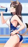  1girl absurdres animal_ears ass blush breasts brown_hair cat_ears cat_tail competition_swimsuit drink eleonore_giovanna_gassion highres hiroshi_(hunter-of-kct) large_breasts long_hair looking_at_viewer luminous_witches one-piece_swimsuit shiny shiny_hair shiny_skin solo swimsuit tail world_witches_series yellow_eyes 
