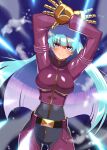  1girl akisu_k arms_up bangs belt blue_hair bodysuit breasts cowboy_shot crossed_arms gloves kula_diamond long_hair looking_at_viewer medium_breasts purple_eyes smile the_king_of_fighters zipper 