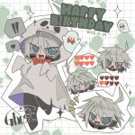  ! !! 1boy :d :o ahoge bangs blush bow bowtie chibi commentary_request cropped_head danganronpa_(series) danganronpa_v3:_killing_harmony dated ghost ghost_costume green_eyes hair_between_eyes happy_birthday heart highres keebo looking_at_viewer male_focus medium_hair multiple_views notice_lines open_mouth red_bow red_bowtie serizawa_0101 smile spoken_exclamation_mark spoken_heart tongue 