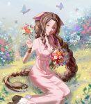  1girl aerith_gainsborough bangle bangs bare_shoulders blue_butterfly boots bouquet bracelet braid braided_ponytail breasts brown_footwear brown_hair bug butterfly choker cleavage dress final_fantasy final_fantasy_vii final_fantasy_vii_remake flower flower_choker foot_out_of_frame garden grass green_eyes hair_ribbon highres holding holding_bouquet holding_flower jewelry kneeling long_dress long_hair looking_at_viewer medium_breasts nature outdoors parted_bangs pink_dress pink_ribbon ribbon sidelocks smile solo sundress wavy_hair yubuki_i 