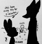  2022 anthro canid canine dialogue disney english_text fox grass group hi_res inktober judy_hopps lagomorph leporid mammal monochrome on_ground plant rabbit silhouette speech_bubble text theblueberrycarrots traditional_media_(artwork) trio zootopia 