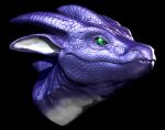  ambiguous_gender black_background dragon glistening glistening_eyes green_eyes headshot_portrait horn khyaber mouth_closed portrait purple_body purple_horn purple_scales scales scalie simple_background solo three-quarter_view unsigned 