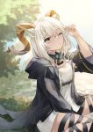  1girl ;o animal_ears arknights beeswax_(arknights) black_coat brown_eyes coat collar day dress goat_ears goat_girl goat_horns hand_up highres hood hood_down hooded_coat horns infection_monitor_(arknights) long_hair long_sleeves looking_away looking_up on_ground one_eye_closed open_clothes open_coat outdoors parted_lips saiko_(saisaka) sitting solo sunlight thigh_strap wariza white_dress white_hair 