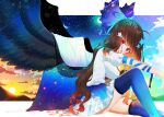  1girl arm_on_knee arm_ribbon bangs black_wings blue_bow blue_flower blue_sky blue_thighhighs bow breasts brown_hair cape cloud commentary_request crescent_moon feathered_wings feet_out_of_frame flower from_side gradient_sky hair_bow hair_flower hair_ornament highres kiramarukou long_hair looking_at_viewer moon night night_sky open_mouth orange_sky puffy_short_sleeves puffy_sleeves red_eyes reiuji_utsuho ribbon shirt short_sleeves sky solo star_(sky) star_(symbol) star_print starry_sky sunset thighhighs touhou two-sided_cape two-sided_fabric white_cape white_shirt wings 