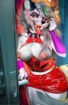  absurd_res anthro bodily_fluids breasts clothing collar cosplay crossover crossover_cosplay cum cum_in_mouth cum_inside cum_on_breasts cum_on_face cumshot ejaculation exposed_breasts female fingers five_nights_at_freddy&#039;s five_nights_at_freddy&#039;s:_security_breach genital_fluids goth hair helluva_boss hi_res latex_clothing legwear long_hair looking_at_viewer loona_(helluva_boss) machine moonabel open_mouth piercing piercings_everywhere roxanne_wolf_(fnaf) rubber rubber_clothing rubber_suit scottgames solo solo_focus spiked_collar spikes tongue tongue_out video_games 