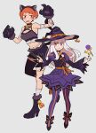  2girls animal_ears animal_hands bandages blush breasts candy cat_ears cat_paws cat_tail claws cleavage do_m_kaeru dress fake_animal_ears fang fire_emblem fire_emblem:_three_houses food halloween_costume hat high_heels leonie_pinelli lollipop long_hair lysithea_von_ordelia multiple_girls navel open_mouth orange_eyes orange_hair pink_eyes purple_dress short_hair shorts single_thighhigh spider_web_print tail thighhighs wand white_hair witch_hat 