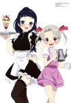  2girls 4-nin_wa_sorezore_uso_o_tsuku absurdres apron artist_request black_thighhighs blue_eyes blush bow chiyo_(4uso) dress fang grey_hair hair_bow hand_on_hip highres holding holding_tray legs looking_at_viewer megami_magazine mole mole_under_eye multiple_girls official_art open_mouth parfait ponytail purple_dress red_bow red_eyes rikka_(4uso) short_hair short_twintails simple_background thighhighs tray twintails waist_apron waitress white_background zettai_ryouiki 