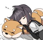  1girl =_= bodysuit brown_hair closed_eyes closed_mouth dog_pillow hair_horns hatsuzuki_(kancolle) highres kantai_collection sayuwan school_uniform serafuku short_hair simple_background sleeping solo white_background zzz 