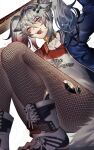  1girl :d animal_ears arknights arm_up blood blood_on_face blue_hair blue_jacket boots clothes_writing collar collarbone cosplay dc_comics facial_mark fishnet_pantyhose fishnets gradient_hair grey_eyes grey_hair harley_quinn harley_quinn_(cosplay) heart highres jacket kikan_(kikanoe) knee_boots lappland_(arknights) legs lipstick long_hair long_sleeves looking_at_viewer makeup multicolored_hair open_clothes open_jacket open_mouth oripathy_lesion_(arknights) pantyhose red_hair scar scar_across_eye scar_on_face shirt simple_background smile solo squatting tail torn_pantyhose twintails white_background white_footwear white_shirt wolf_ears wolf_girl wolf_tail 