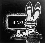  2022 anthro chair clothed clothing disney furniture gaming hi_res inktober jack_savage lagomorph leporid mammal monitor monochrome rabbit shirt sitting solo tank_top theblueberrycarrots topwear traditional_media_(artwork) zootopia 