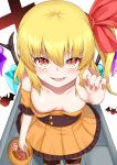  :d akasaka_sato basket bat_(animal) blonde_hair breasts candy crystal dress embodiment_of_scarlet_devil fang fingernails flandre_scarlet food hair_ribbon halloween highres leaning_forward long_fingernails looking_at_viewer nipples one_side_up open_mouth orange_dress oversized_clothes red_eyes red_nails red_ribbon ribbon small_breasts smile touhou white_background wings 