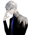  1boy adjusting_eyewear black_eyes black_shirt collared_shirt cross cross_earrings earrings glasses jewelry looking_ahead male_focus original parted_lips salaryman shirt wadani_hitonori white_background white_hair 