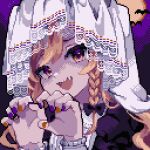  1girl :d ahiru_tokotoko bat_(animal) black_bow bow braid full_moon hair_bow halloween kirisame_marisa looking_at_viewer moon open_mouth orange_nails pixel_art purple_nails side_braid single_braid smile solo teeth touhou upper_body upper_teeth yellow_eyes 