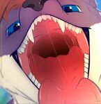  anthro biped blitzstoat_(gyro) blue_eyes bodily_fluids countershading drooling male mammal markings mouth_shot mustela mustelid musteline open_mouth purple_body red_markings saliva sharp_teeth stoat surylimon tan_body teeth true_musteline vraze 