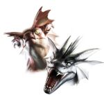  1:1 ambiguous_gender black_body black_scales dragon duo ear_frill fangs frill_(anatomy) front_view head_crest head_frill hi_res horn khyaber mouth_shot narrowed_eyes open_mouth pupils red_body red_horn red_tongue scales scalie simple_background slit_pupils tan_body tongue unsigned white_background white_horn 