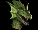  3d_(artwork) ambiguous_gender black_background digital_media_(artwork) dragon ear_frill fangs frill_(anatomy) green_body green_frill green_horn green_scales head_crest head_frill headshot_portrait horn khyaber open_mouth portrait red_tongue scales scalie sharp_teeth simple_background solo teeth tongue unsigned 