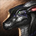  1:1 ambiguous_gender black_body black_scales dragon glistening glistening_eyes green_eyes grey_body grey_horn grey_scales headshot_portrait hi_res horn khyaber mouth_closed multicolored_body multicolored_scales portrait red_inner_ear scales scalie simple_background solo unsigned 