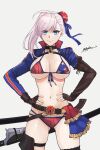  1girl american_flag_bikini bikini blue_eyes breasts brown_gloves cleavage fate/grand_order fate_(series) fingerless_gloves flag_print front-tie_bikini_top front-tie_top gloves gun hair_bun hands_on_hips highres large_breasts long_sleeves looking_at_viewer miyamoto_musashi_(fate) miyamoto_musashi_(swimsuit_berserker)_(fate) navel odachu official_alternate_costume pink_hair short_hair simple_background solo swimsuit weapon 