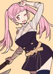  1girl axe belt breasts do_m_kaeru fire_emblem fire_emblem:_three_houses garreg_mach_monastery_uniform hilda_valentine_goneril holding holding_axe holding_weapon one_eye_closed open_mouth pink_eyes pink_hair solo thighhighs twintails weapon yellow_background 