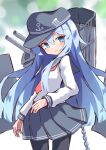  1girl absurdres anchor_symbol bangs black_headwear black_pantyhose blue_eyes blue_hair blurry blurry_background cannon commentary depth_of_field flat_cap grey_sailor_collar grey_skirt hair_between_eyes hat hibiki_(kancolle) highres ichi_(ichi.colors) kantai_collection long_hair long_sleeves looking_at_viewer machinery pantyhose parted_lips pleated_skirt sailor_collar shirt skirt solo very_long_hair white_shirt 
